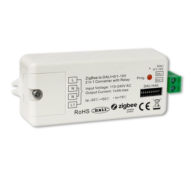 Convertitore di segnale da ZIGBEE a DALI DT6/DT8 o 0/1-10V + relè di commutazione 5A, 110-240V AC