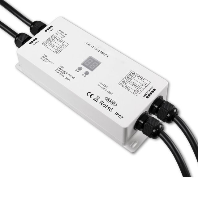 DALI DT8 1 indirizzo RGB+W PWM dimmer IP67, 4 canali, 12-36V 4x5A, 48V 4x3A