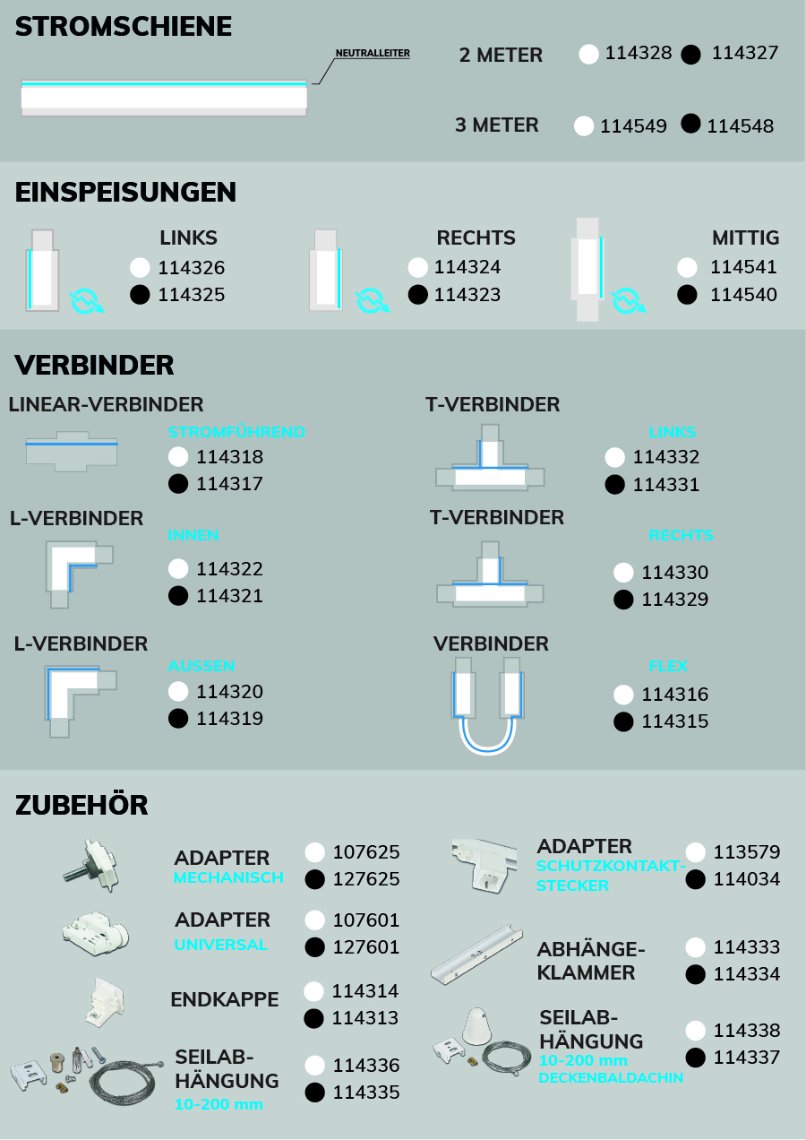 LED 3-PH Schienen Zubeh&ouml;r Serie S1 &Uuml;bersicht