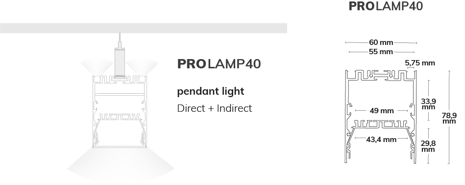Modulares Lichtsystem Pendelleuchten Direkt + Indirekt PROLAMP40
